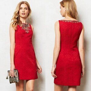 Anthropologie Toulouse Embellished Shift Dress Red Sleeveless Jacquard